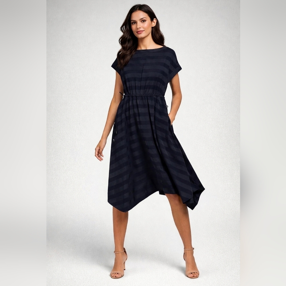 Ted Baker Linnie Asymmetrical Stripe Midi Dress Navy Drawstring Waist NWT